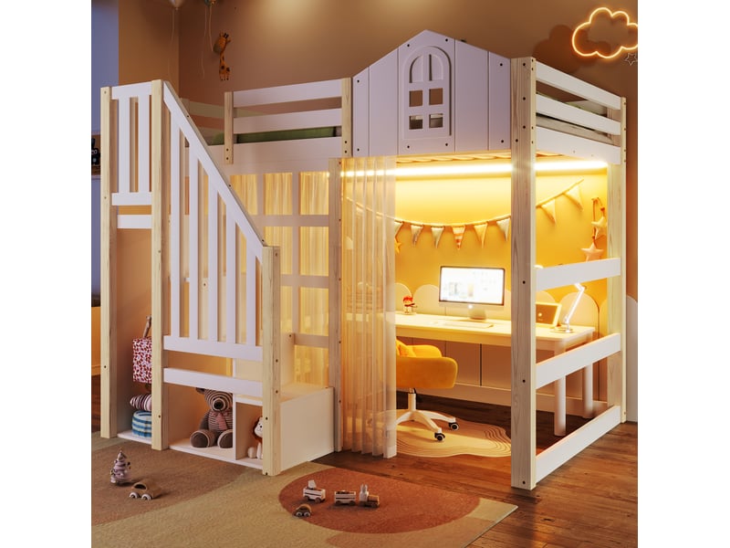  Lit mezzanine tcqpz 140 x 200 cm avec led, fenêtre, escalier de rangement, voile, sans matelas, blanc et naturel  - Conforama D