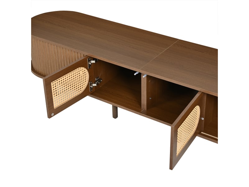  Meuble tv 180x40x40 cm en noyer foncé, rotin, 2 portes battantes, 2 coulissantes, mdf, tv 80 pouces  - Conforama E