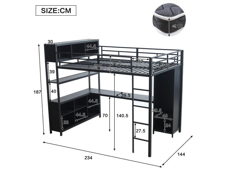  Lit mezzanine 140x200 cm avec bureau, rangement double niveau et armoire en métal et panneau de particules noir  - Conforama C