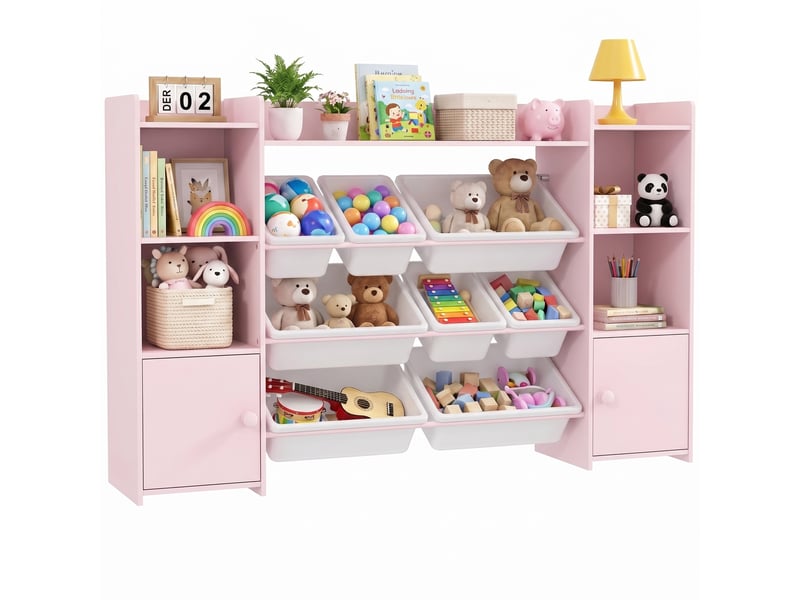  Meuble de rangement pour jouets d'enfants avec 8 bacs et placards amovibles, 140 x 30 x 90 cm, rose  - Conforama A