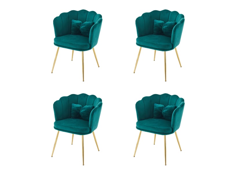  Lot de 4 fauteuils design 63x58x77 cm, dossier pétale, coussins, pieds en métal doré, velours vert  - Conforama A