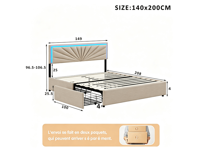  Lit 160 x 200 cm - led - usb - moderne - cadre de lit adulte 160x200 cm - velours - beige  - Conforama R