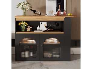 Ilot cuisine, buffet de cuisine avec rangements intégrés, plateau extensible, pivotant à 360°, dimensions 138 à 193 x 39 x 105 cm, mdf, noir