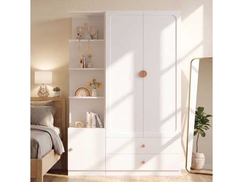  Armoire dressing 135 x 45 x 200 cm, 2 tringles, 2 tiroirs, 4 poignées en bois massif, mdf, blanc ABC - Conforama E