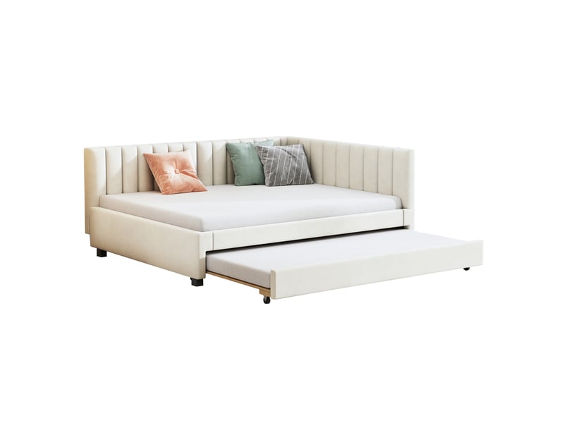  Canapé-lit 3 en 1 140*200 cm beige, lit capitonné convertible avec sommier à lattes, sans matelas pour petit espace  - Conforama A