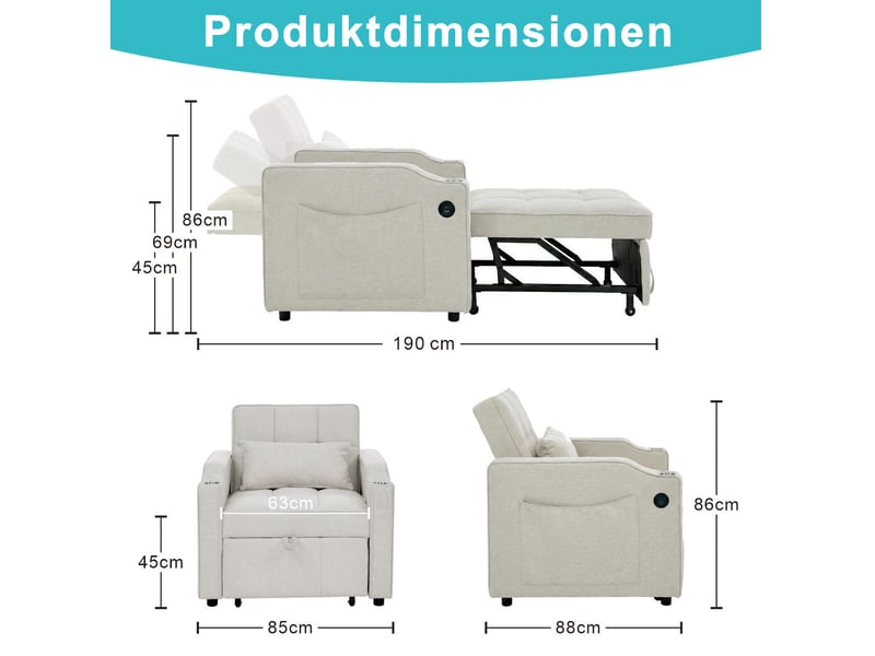 Fauteuil convertible 1 place beige en tissu, couchage 190 cm, usb-c et dossier réglable à 3 positions  - Conforama C