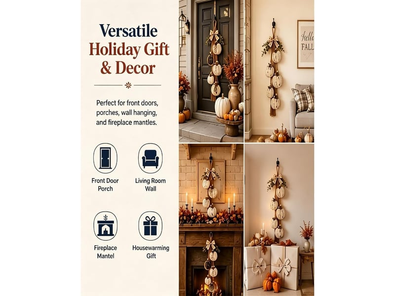  Lot de 5 décorations d’automne citrouilles blanches en bois avec led, nœuds à carreaux, pour porte et mur  - Conforama D