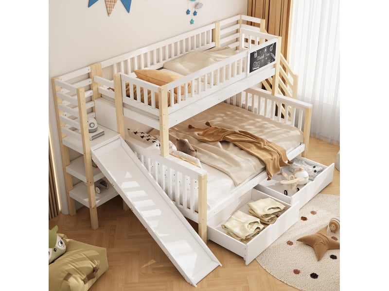  Lit superposé enfant 90x200 et 140x200 cm, toboggan, escalier de rangement, pin blanc et naturel, sans matelas  - Conforama D