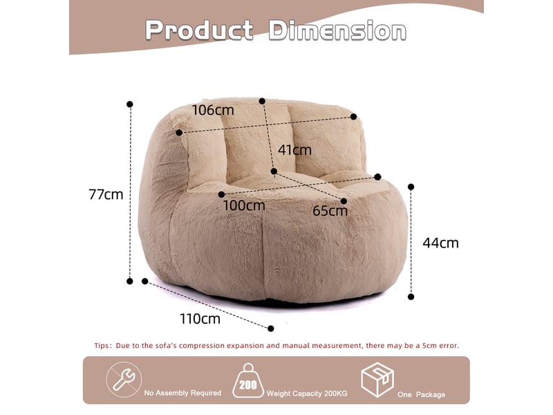  Fauteuil poire géant pour salon en fausse fourrure douce, canapé lounge rembourré de mousse, marron camel, sans montage  - Conforama B