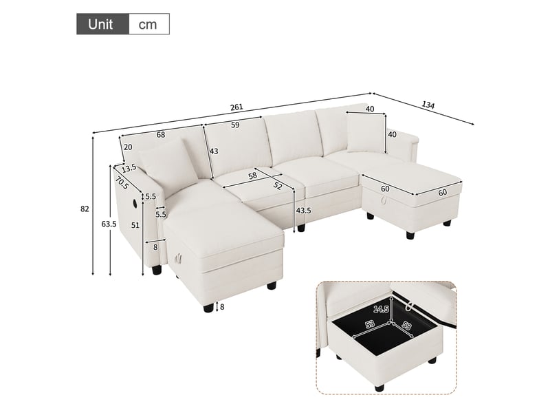  Canapé modulaire 6 places en l ou u avec 2 poufs de rangement, usb et usb-c, en chenille beige, 261 × 134 × 82 cm  - Conforama D