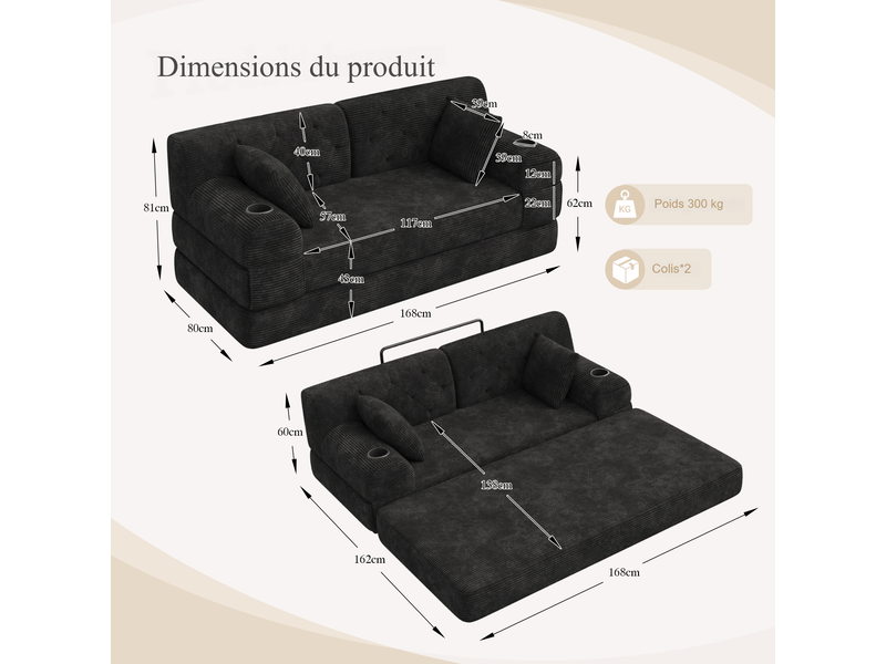 Canapé droit convertible 2 places en velours côtelé noir 168x80x81 cm, dossier haut, 2 porte-gobelets et 4 poches, salon petit espace 168x80x81cm - Conforama C