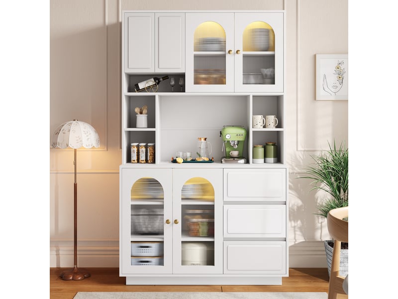  Buffet haut avec led contrôlée par application - lpospi - portes cintrées en acrylique, mdf blanc 106 × 30 × 175 cm  - Conforama C