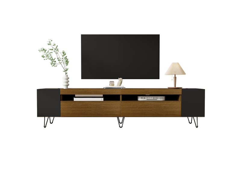  Meuble tv moderne noir et aspect bois, 180 cm, 2 portes, niches latérales ouvertes, noir et bois  - Conforama A