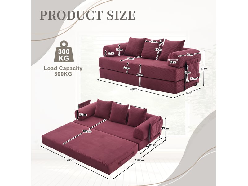  Canapé modulable 3 places modenvie en velours côtelé rouge lie-de-vin avec structure métallique, 3 coussins et poche de rangement  - Conforama C