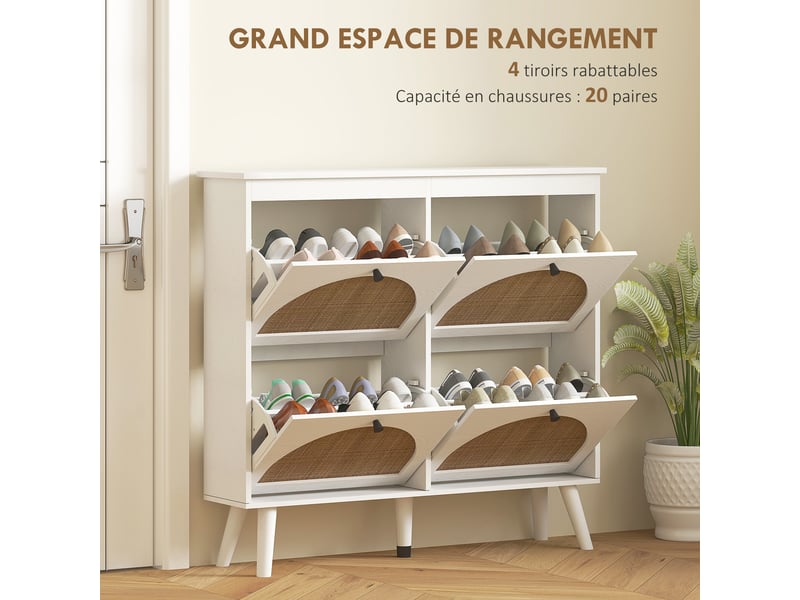  Meuble à chaussures 4 abattants 20 paires étagère réglable style bohème pieds en bois massif 105 x 24 x 97,5 cm blanc  - Conforama E