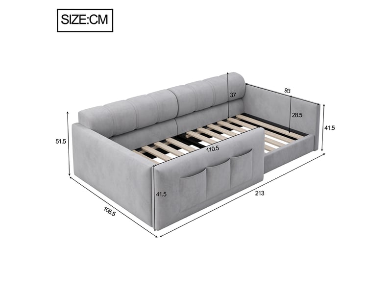  Lit banquette enfant 90x200 cm avec poches latérales de rangement, lit simple à dossier épais rembourré, sommier à lattes, velours, gris Morn Vibe - Conforama D