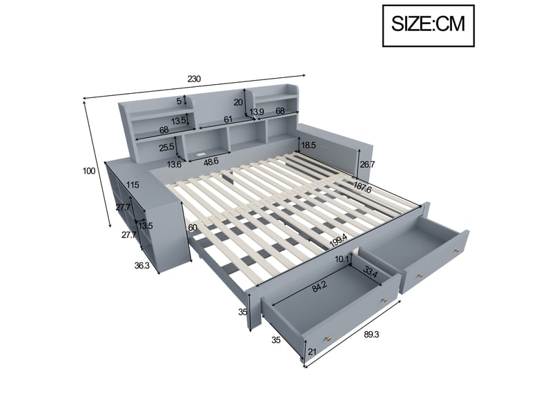  Lit enfant 90x200 cm extensible 180 cm, lit multifonctionnel avec rangement et led, bois gris, sans matelas  - Conforama C