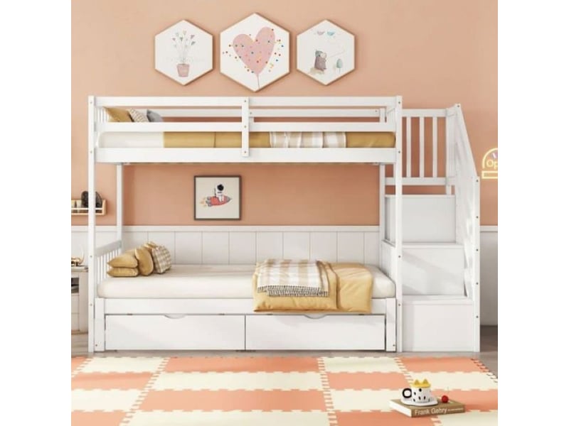  Lit superposé 3 etage 3 etage 90x200 avec lit gigogne sommier lattes marches escamotables 2 tiroirs pinède blanc (sans matelas) lits superposes  - Conforama D