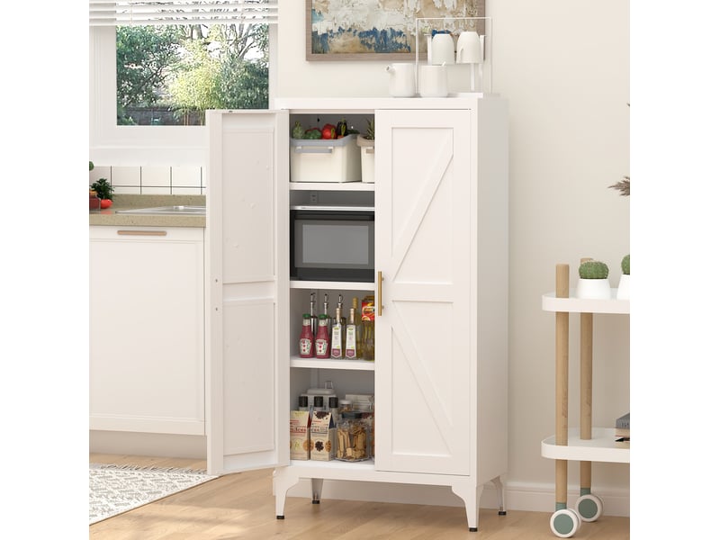  Buffet haut 120x60x30 cm, en métal avec 2 portes et tablettes réglables, style moderne, pour la maison, coloris blanc  - Conforama D