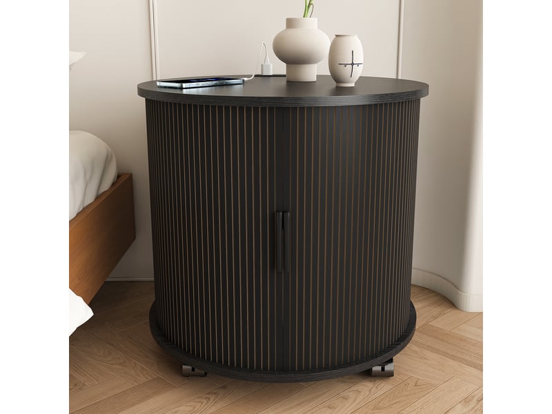 Table de chevet - 60x60x60cm - bout de canapé cylindrique mid-century en mdf avec station de charge - noyer - noir - Conforama C