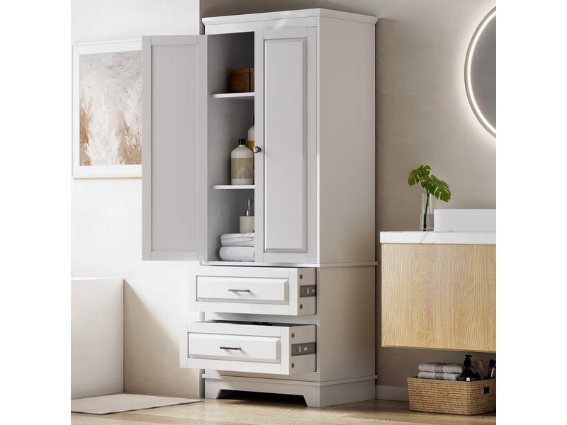  Armoire de rangement haute 70 x 47 x 185 cm - buffet colonne 2 portes 2 tiroirs étagères réglables – mdf – blanc  - Conforama E