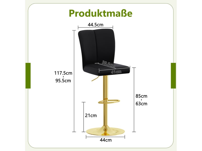  Tabourets de bar 95,5-117,5 cm lot de 2, réglables, pivotants 360°, métal et pu, pour salon, cuisine, bar, noir et or  - Conforama C