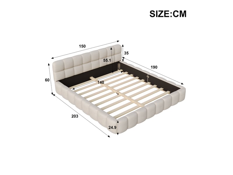 Lit 2 places 140x190 cm, lit double rembourré, lit bubble avec sommier à lattes, lits matelassé nuage, tissu en lin, coloris beige - Conforama C