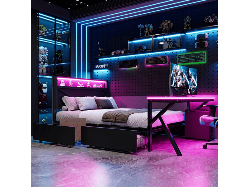  Lit gamer 140x200 avec bureau intégré et tête de lit led métal noir  - Conforama D