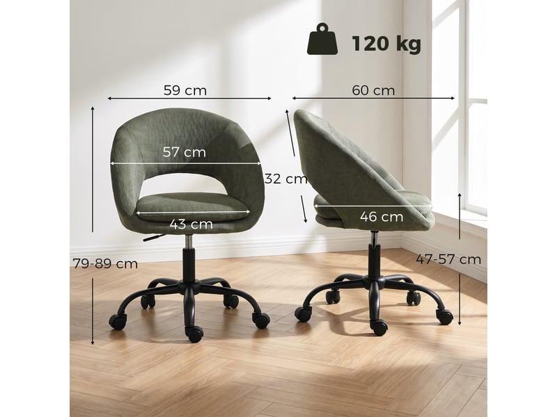 Chaise bureau ergonomique en chenille, hauteur réglable, accoudoirs intégrés, pivotant 360°, 59x60x79-89cm, vert foncé - Conforama C