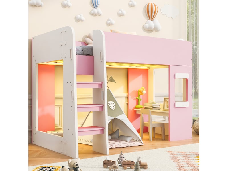  Lit mezzanine 90x200 avec bureau et éclairage led rose evryae  - Conforama D