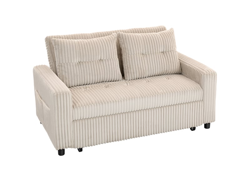 Canapé convertible 2 places canapé-lit en velours côtelé 157x190cm crème dossier réglable poches latérales et 2 coussins - Conforama B
