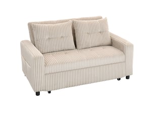 Canapé convertible 2 places canapé-lit en velours côtelé 157x190cm crème dossier réglable poches latérales et 2 coussins