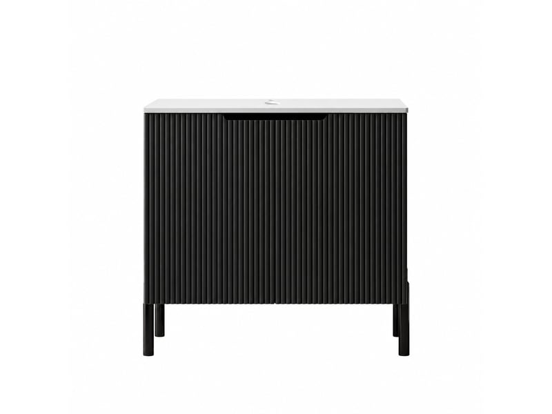  Meuble vasque noir 76 cm avec plan en pierre frittée effet marbre blanc  - Conforama A
