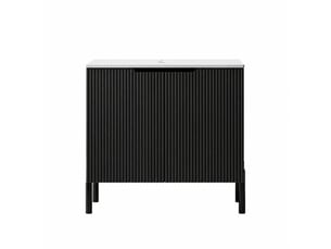 Meuble vasque noir 76 cm avec plan en pierre frittée effet marbre blanc