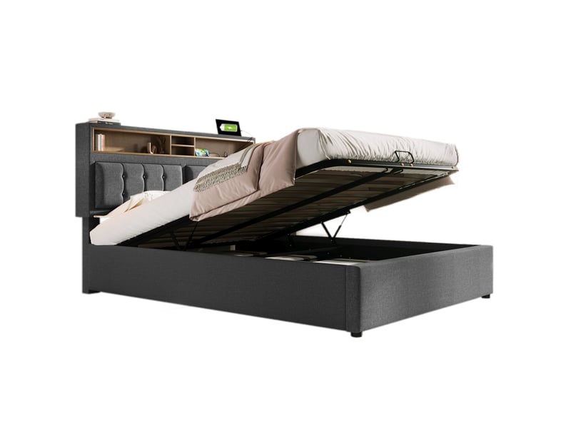  Lit double 160x200 cm avec tête de lit réglable, ports usb et type-c, rangement, lin, gris avec matelas  - Conforama A