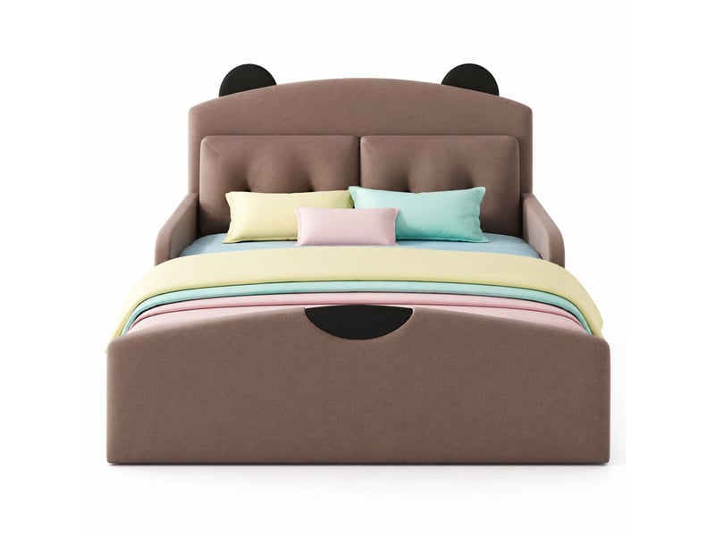  Lit enfant 140×200 cm avec tête de lit rembourrée ours, lin café  - Conforama A