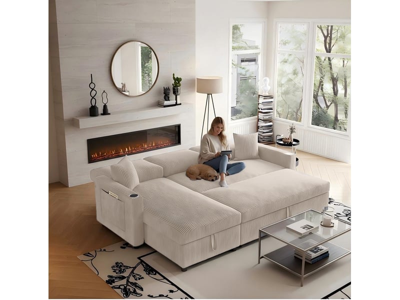  Canapé d’angle gauche convertible 3 places en velours côtelé beige avec rangement  - Conforama D