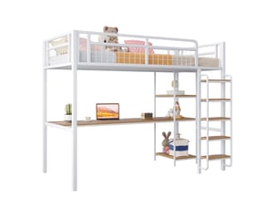 Lit mezzanine ulevr 90x200 cm avec bureau et étagères, échelle de sécurité à marches, garde-corps en métal, structure en métal, blanc