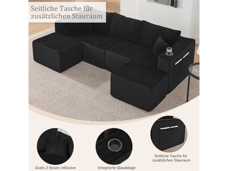  Canapé d’angle modulable 3 places avec ottomans mobiles  - porte-gobelets et poches latérales, velours côtelé noir  - Conforama E