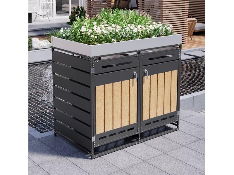  Abri poubelle avec jardinière intégrée, 2 compartiments, ventilation et portes verrouillables en fer noir 137 × 79 × 125 cm  - Conforama B