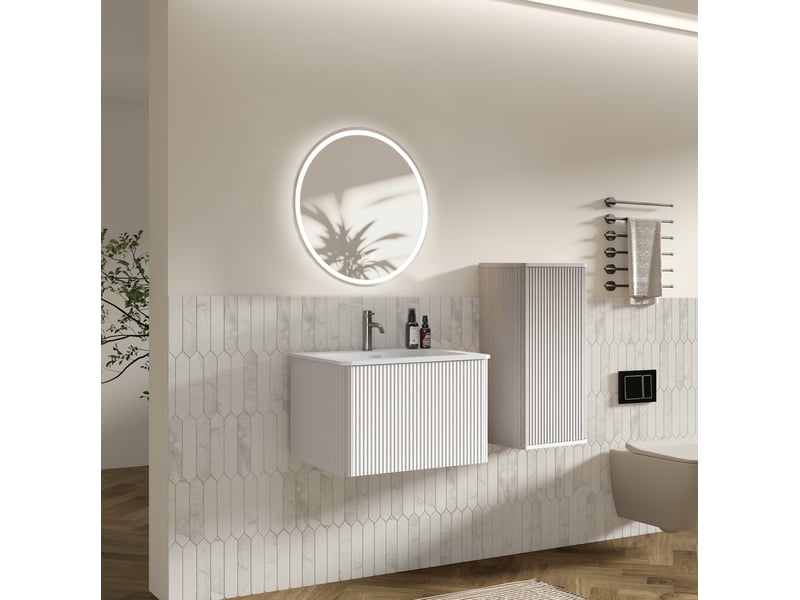  Ensemble meuble de salle de bains avec lavabo et miroir led 60 cm, mdf, blanc  - Conforama C