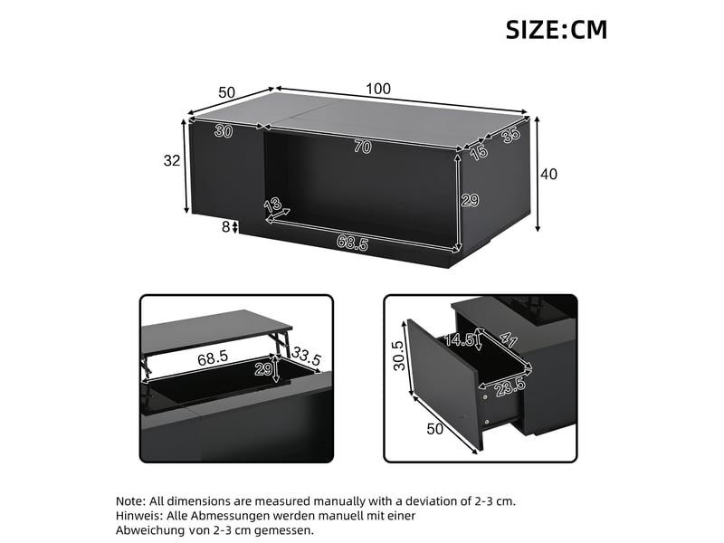 Table basse relevable hydraulique 100x50x40 cm avec rangement et led noire - Conforama E