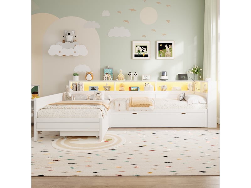 Lit enfant 90x200 cm gigogne en l avec led, prise usb-c, mdf blanc, sans matelas  - Conforama B