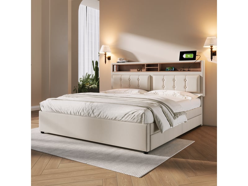 Lit adulte 140 x 200 cm avec 4 tiroirs, tête de lit réglable (±12 cm) et prise usb-c intégrée, lin beige, sans matelas - Conforama B