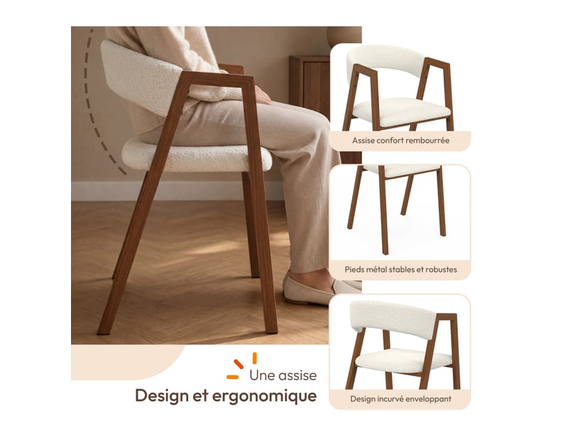  Lot de 6 chaises camille en métal effet noyer et tissu bouclette avec accoudoirs  - Conforama C