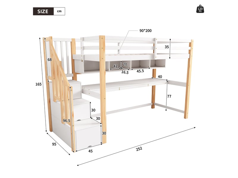  Lit mezzanine, 90x200 cm, avec bureau intégré, solution de rangement, matelas non inclus, bois, coloris blanc et chêne  - Conforama C