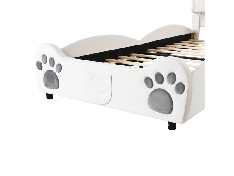  Lit enfant 200×90 cm en forme d’ours, revêtu de velours blanc, avec sommier à 12 lattes  - Conforama E