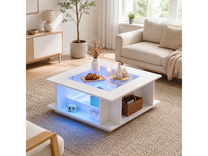  Table basse carrée avec led, verre et rangement pour salon en panneaux de particules 70×70×30 cm blanc  - Conforama B