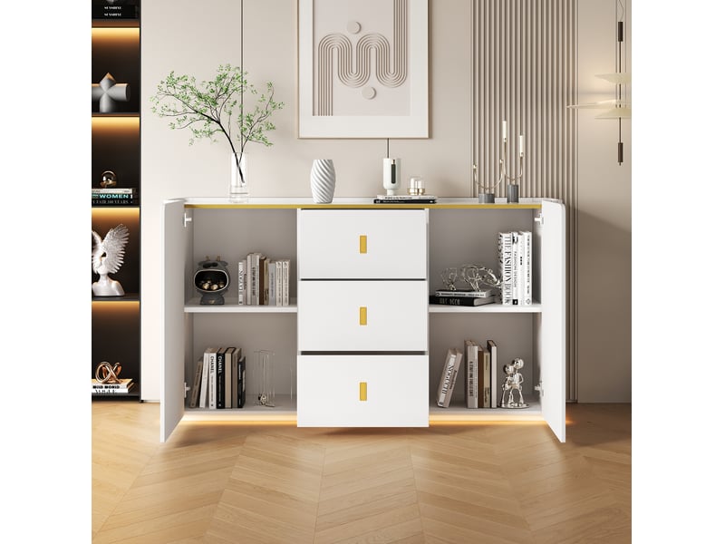 Buffet 2 portes 3 tiroirs avec led 150x35x80 cm blanc - Conforama B
