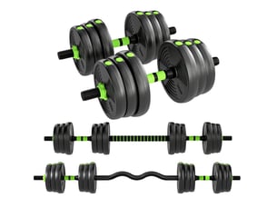 Set d'haltères réglable de musculation 25 kg 3 en 1, 140x22x22 cm – vert – avec barres droite et ez